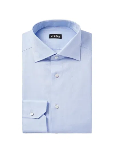 Zegna Cutaway-collar Textured-cotton Shirt In Blue