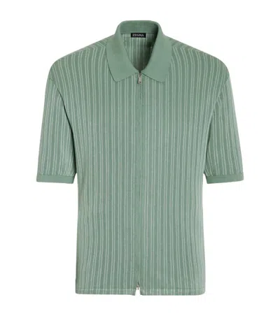 Zegna Cotton-silk Zipped Polo Shirt In Sage Green