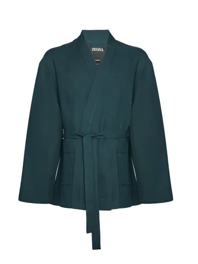 Zegna Cotton-cashmere Robe In Green
