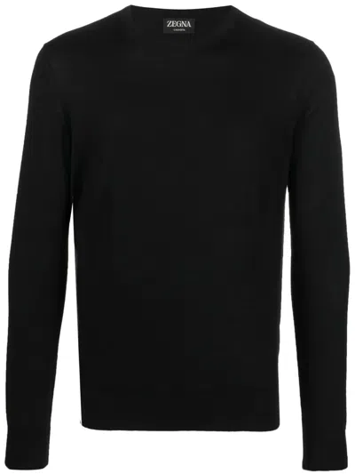 Zegna Ribbed Crewneck Sweater With Long Sleeves In Black