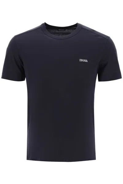 Zegna Crew-neck Sweater With Logo Embroidery In Blue