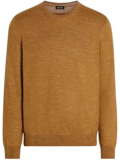 Zegna Ochre Mélange Silk Cashmere And Linen Crewneck In Beige