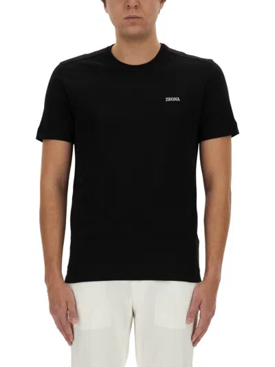 Zegna Crew Neck T-shirt With Subtle Logo Embroidery In Black