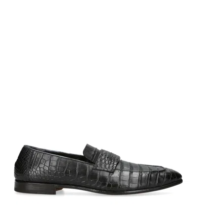 Zegna Crocodile Leather L'asola Loafers In Black