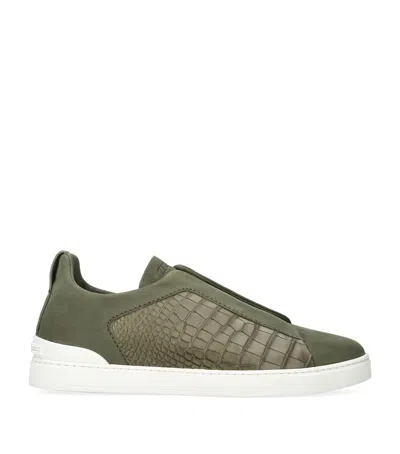 Zegna Crocodile Leather Triple Stitch Sneakers In Green
