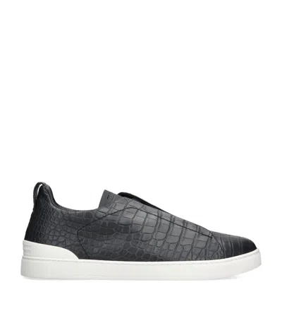 Zegna Crocodile Leather Triple Stitch Sneakers In Navy