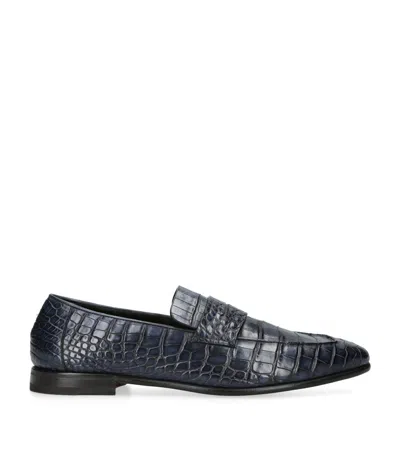 Zegna Crocodile Skin Penny Loafers In Navy