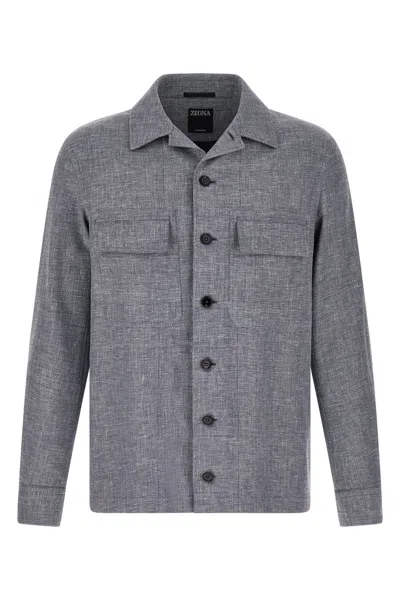 Zegna Crossover Overshirt Chest Pockets Long Sleeves In Blue