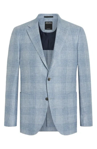 Zegna Crossover Plaid Linen, Wool & Silk Sport Coat In Blue Ckeck