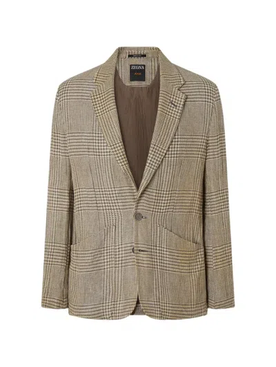 Zegna Crossover-check Single-breasted Linen Blazer In Gray