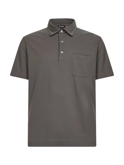 Zegna Dark Beige Cotton Pique Polo Shirt With Chest Pocket In Gray