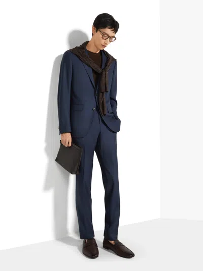 Zegna Dark Blue And Brown 15milmil15 Wool Suit In Dark Blue/brown