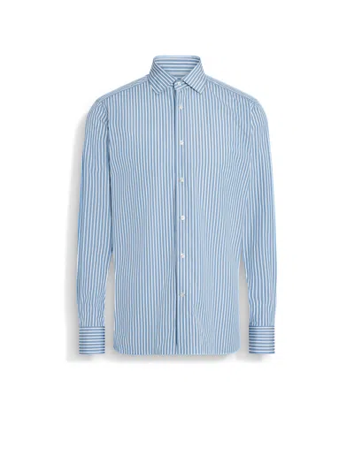Zegna Dark Blue And White Macro-striped Centoventimila Cotton Shirt In Dark Blue/white