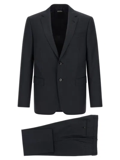 Zegna Dark Blue Notched Lapel Suit In Purple
