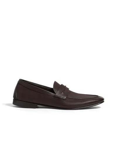 ZEGNA DARK BROWN NATURAL GRAIN LEATHER MOCASSIN LOAFER