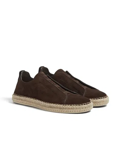 Zegna Triple Stitch Suede Espadrilles In Dark Brown