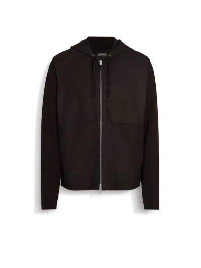 Zegna Dark Brown Wool And Secondskin Hoodie In Marron Foncé