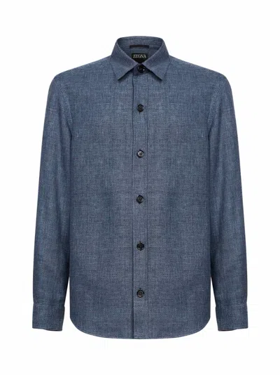 Zegna Dark Indigo Blue Cashmere And Linen And Silk Overshirt