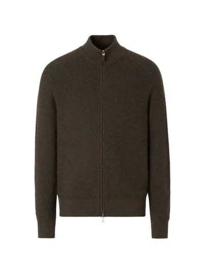 Zegna Ribbed Cashmere-silk Stand Collar Sweater With Zip In Brown