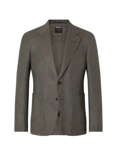 Zegna Dark Olive Green Cashmere Silk And Linen Jacket