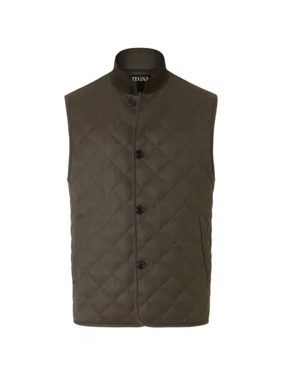 Zegna Dark Olive Green Trofeo 15milmil15 Wool Vest In Brown