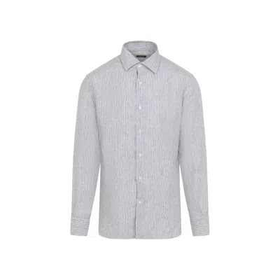 Zegna Dark Striped Beige Linen Shirt In Gray