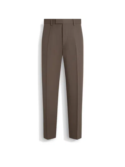 ZEGNA PANTALON EN COTON ET LAINE TAUPE FONCÉ