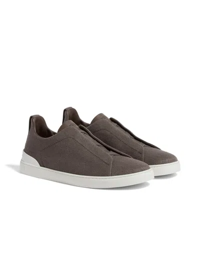 Zegna Dark Taupe Cotton Linen And Leather Triple Stitch Sneakers In Gray