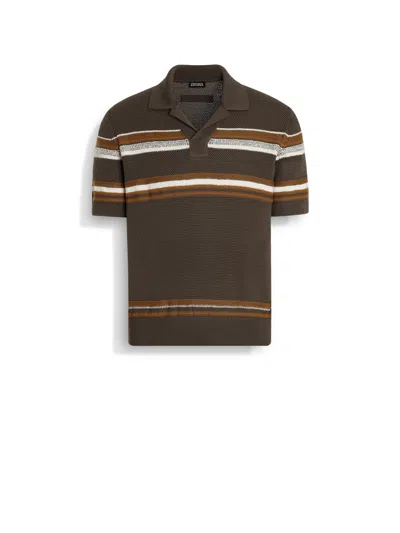 Zegna Dark Taupe Ochre And White Cotton And Silk Polo Shirt In Brown