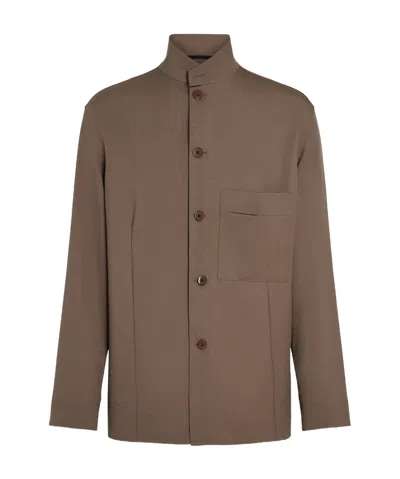 Zegna Dark Taupe Silk And Wool Overshirt In Brown