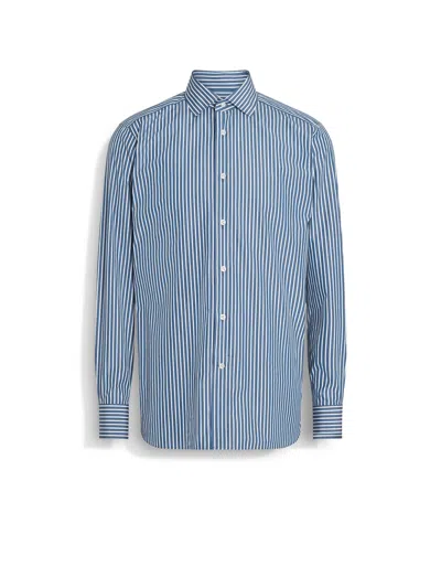 Zegna Dark Teal Blue And White Macro-striped Centoventimila Cotton Shirt In Bleu Sarcelle Foncé/blanc