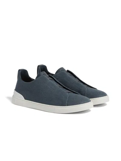 Zegna Dark Teal Blue Cotton Linen And Leather Triple Stitch Sneakers