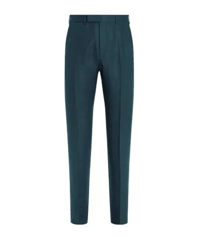 Zegna Dark Teal Blue Oasi Lino Pants In Green