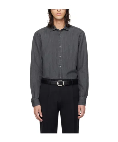 Zegna Black Buttoned Denim Shirt In 481
