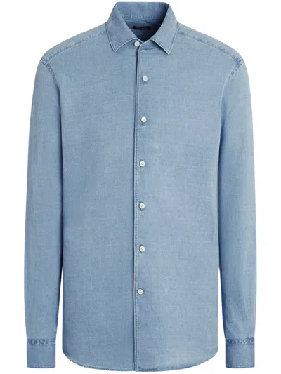 Zegna Cashco Bleached Denim Regular Fit Button Down Shirt In Bright Blue