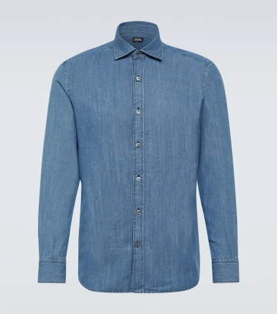 Zegna Blue Cashco Denim Shirt In 002 Blue