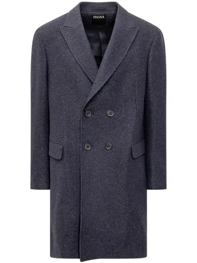 Zegna Double-breasted Coat In Blue