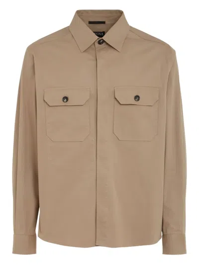 Zegna Double-pocket Buttoned Shirt In Brown