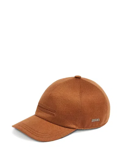 Zegna Double-striped Wool Cap In Brown
