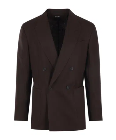 Zegna Double-breasted Peak-lapel Blazer In Brown