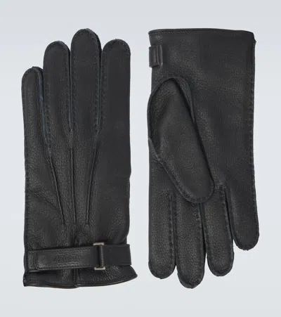 Zegna Embossed Leather Gloves In Black