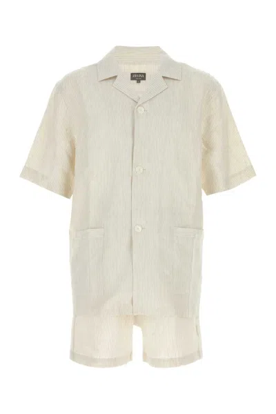 Zegna Linen Pyjama Shirt Shorts Striped Collar In Neutral