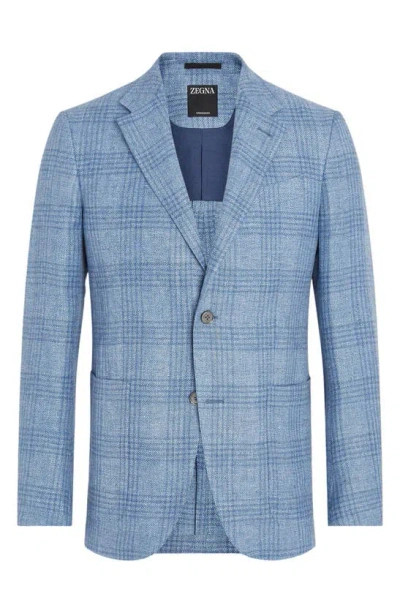 Zegna Fairway Crossover Plaid Linen Blend Sport Coat In Sky Blue