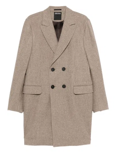 Zegna Flap-pocket Double-breasted Coat In Neutral