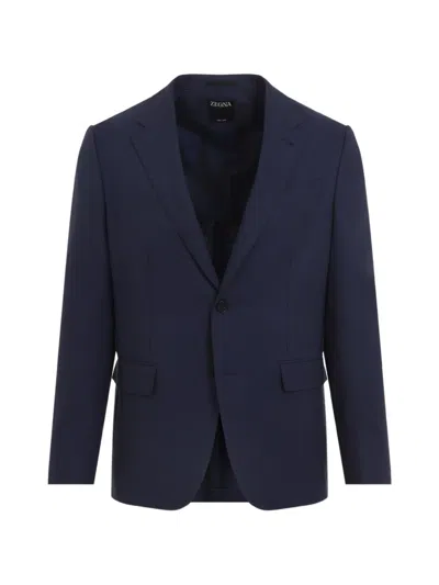 Zegna Oasi Single Breasted Linen Tailored Jacket In Blue