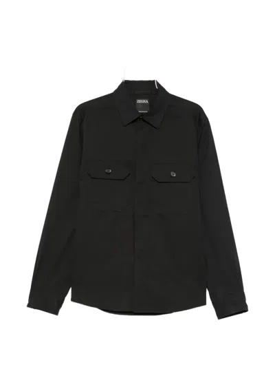 Zegna Stretch Cotton Overshirt Button Down Collar In Black