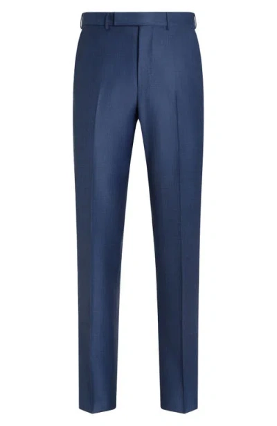 Zegna Flat Front Wool Trousers In Medium Blue