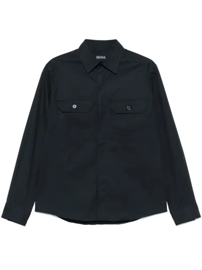 Zegna Long-sleeved Poplin Shirt In Black