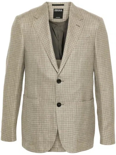 Zegna Gingham Single-breasted Blazer In Neutrals