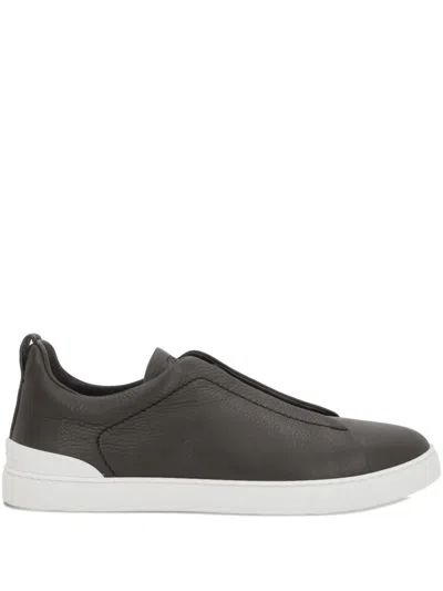 Zegna Grained-leather Elastic-detail Slip-on Sneakers In Brown